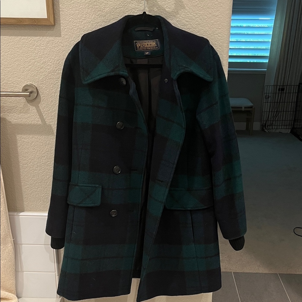 Pendleton Navy and Green Plaid Pea Coat